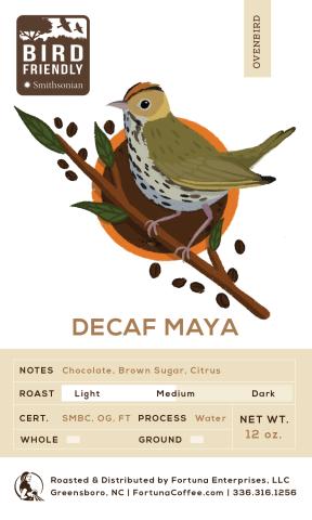 a coffee label with an illustration of an Ovenbird perched on a branch and surrounded by a coffee mug and coffee beans
