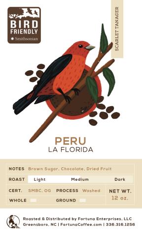 a coffee label with an illustration of a Scarlet Tanager perched on a branch and surrounded by a coffee mug and coffee beans