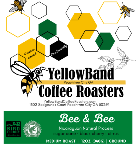 a coffee label with illustrations of flying bees