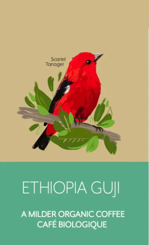 an illustration of a Scarlet Tanager perched on a branch with leaves 