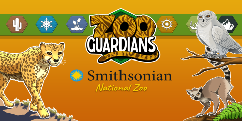 Digital illustrations of a cheetah, snowy owl and lemur surround the Zoo Guardians mobile game logo and the Smithsonian logo with "National Zoo" written below it. A line of icons in the background with plants, snowflakes, etc. represent different biomes.