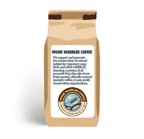 Mockup of a bag of Bird Friendly certified coffee from Wood Warbler coffee