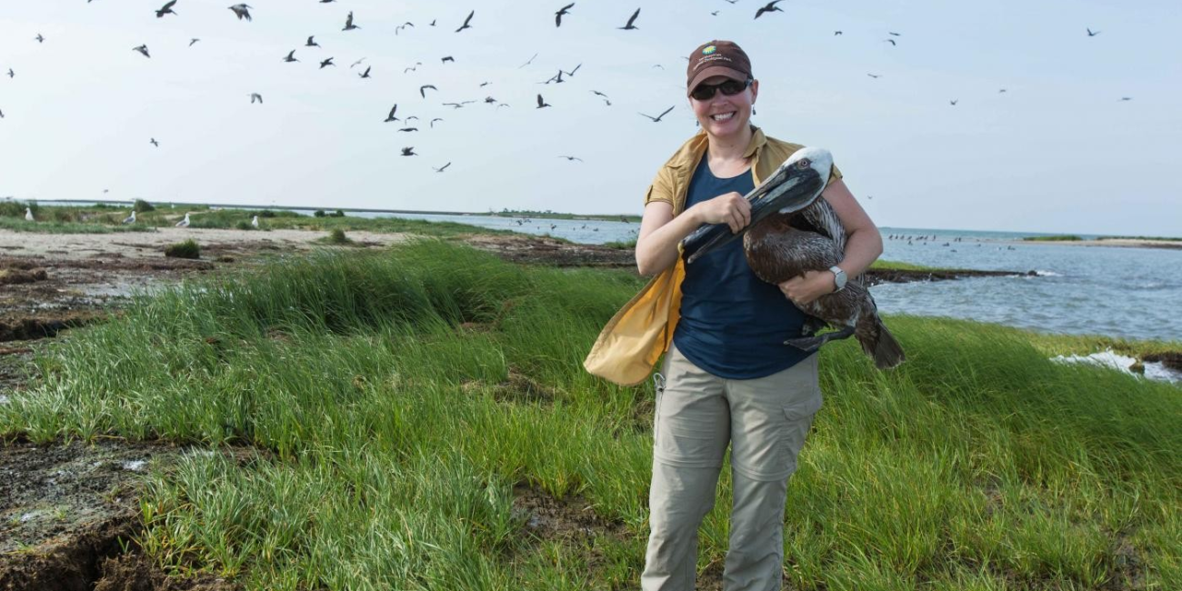 A photo of Dr. Autumn-Lynn Harrison holding a pelican.