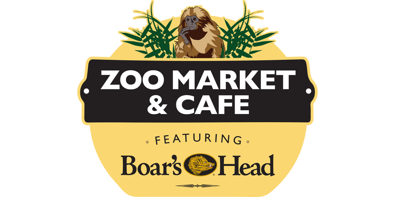 A logo of Zoo Market Cafe and Deli. Logo has an illustrated image of a golden lion tamarin.