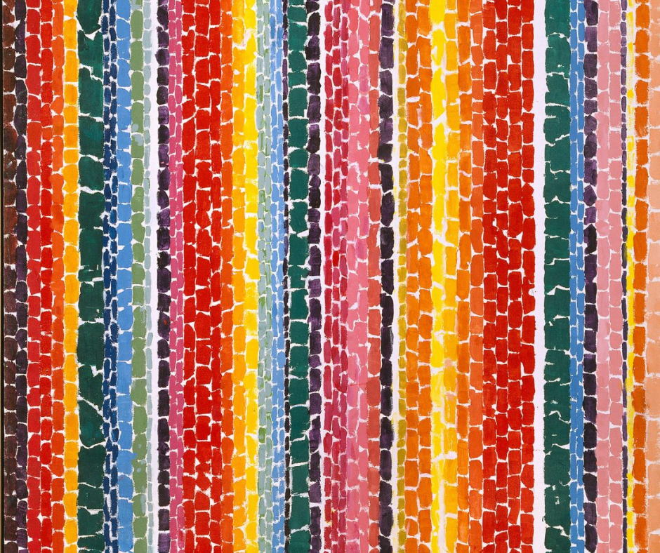 An abstract artwork made up of small rectangles forming columns that are repeated over and over again. Each column uses a new bright color.