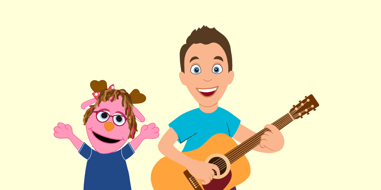 A collage image of two cartoon characters. The left character is a pink jackalope puppet and the right is a male character playing the guitar.