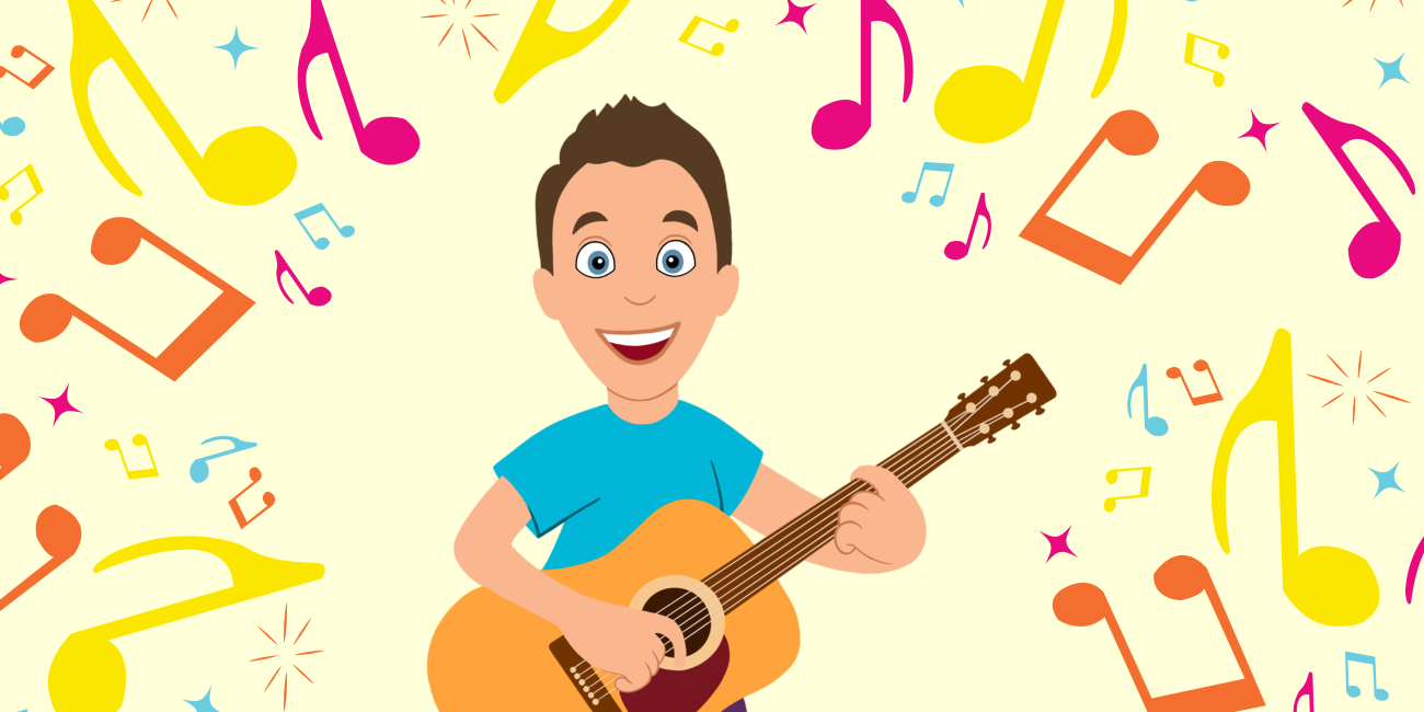 Cartoon man playing a guitar with music note graphics surrounding him.