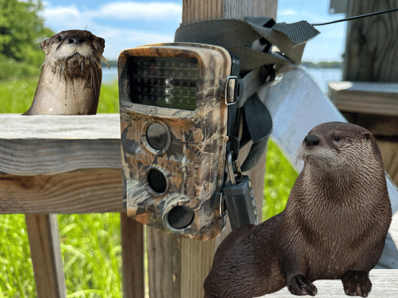 A picture of a trail camera on a wooden post. There is a picture of an otter peeking out from the background and one in the forground as well. 