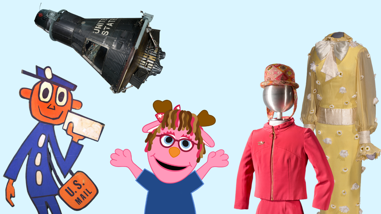 A pink jackalope puppet is surrounded by cutout images of a cartoon mail person, a space shuttle, and two dresses.