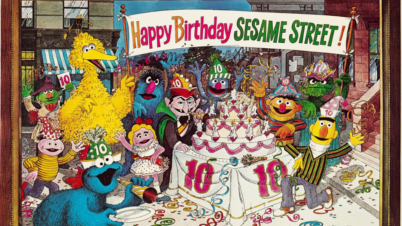 An illustrated poster of the cast of Sesame Street celebrating their 10th birthday with cake, birthday hats, and streamers.