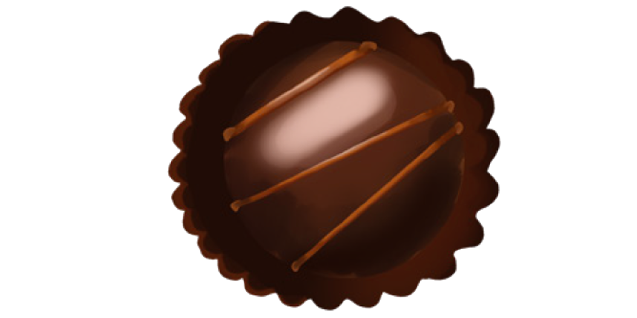 a graphic depiction of a chocolate with lighter chocolate drizzle in a paper wrapper