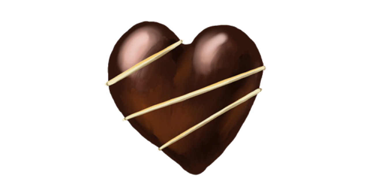 a graphic depiction of a chocolate heart with lighter chocolate drizzle on top