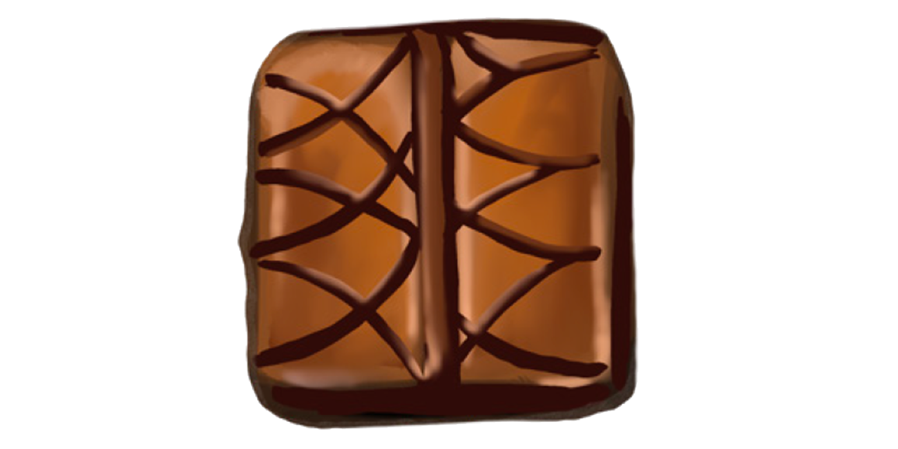 a square chocolate candy with darker chocolate drizzle on top
