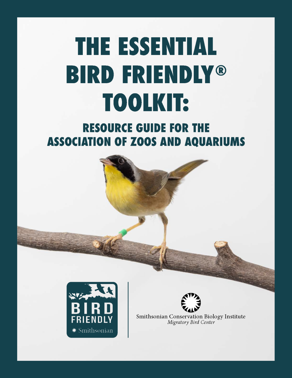 The first page of the essential bird friendly toolkit PDF, featuring a yellow songbird perched on a branch and the Bird Friendly and Smithsonian Conservation Biology Institute logos