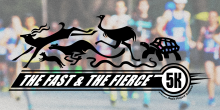 The fast and the fierce animal artwork logo superimposed on background photo of runners