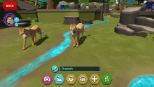 A still from the mobile game "Zoo Guardians." Two digitally illustrated cheetahs walk near a stream of water. The text "cheetah" and a series of icons are at the bottom of the screen. An icon of a cheetah and a "back" button are in the top left.