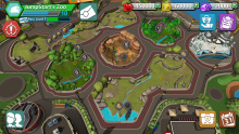 A still from the mobile game "Zoo Guardians" featuring an aerial view of a zoo with exhibits and pathways. Icons in each corner display different actions a player can take, and information about the zoo and animals is displayed in points across the top.