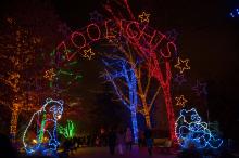 The main entrance to ZooLights at the Smithsonian's National Zoo, featuring trees wrapped in holiday lights, light-up pandas and a lit sign that says "ZooLights"