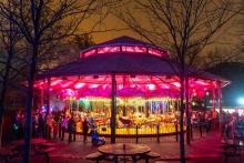 The Zoo's carousel is lit up pink and yellow.