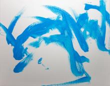 Painting with blue paint created by male giant panda Tian Tian, the cub's father.