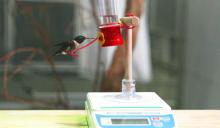 Ruby-throated hummingbird Spot sits on a feeder atop a scale. 