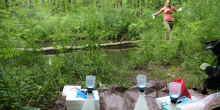 Photo of Alyssa Kaganer in a forest near a pond carrying water samples. In the image is lab equipment sitting on a brown tarp on the bank of a pond.