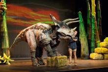 A life-sized triceratops on stage. 