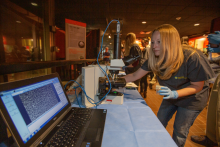 A veterinarian reviews results on a computer during an artificial insemination of giant panda Mei Xiang at the Smithsonian's National Zoo