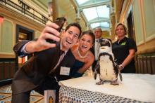 A couple takes a selfie with a penguin at the Smithsonian's National Zoo's Monkey Business Gala