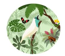 A graphic depiction of a bare-throated bellbird, white body with blue neck sitting on a branch surrounded by a butterfly and colorful flowers