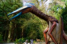 A large, animatronic Quetzalcoatlus dinosaur and smaller, baby animatronic Quetzalcoatlus dinosaurs on exhibit in a wooded area