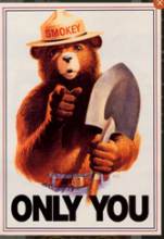 A 1984 poster features Smokey Bear the character and part of his famous catchphrase, “Only You Can Prevent Forest Fires.” Following a series of devastating wildfires in 2001, this slogan was changed to “Only You Can Prevent Wildfires.”  