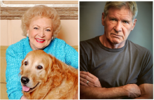 A photo of Betty White, left, and Harrison Ford, right. Betty white is holding a large dog.