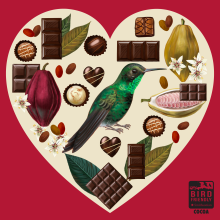 Heart-shaped graphic with bright green Hispaniolan emerald bird with cacao pods and seeds and chocolates. 
