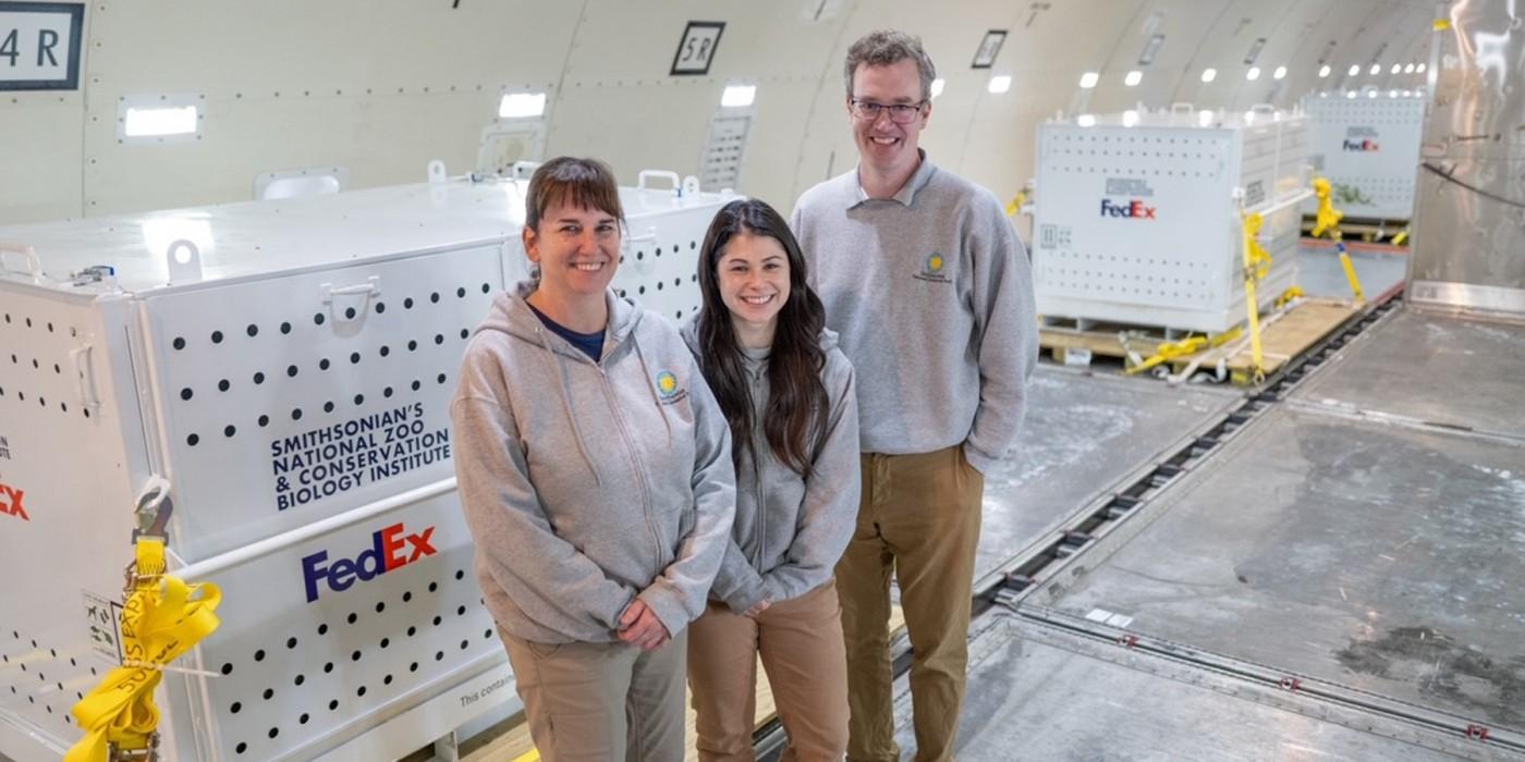 The Zoo team that cared for the bears on their journey to China posing next to the three specialized travel crates containing Mei Xiang, Tian Tian and Xiao Qi Ji.