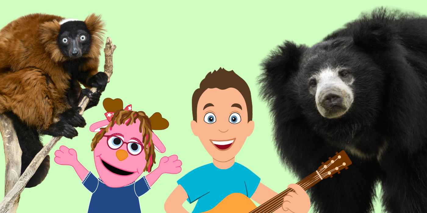 A collage image of a red ruffed lemur next to a pink jackalope cartoon character, a male cartoon character with a guitar, and finally a sloth bear on the right-hand side.