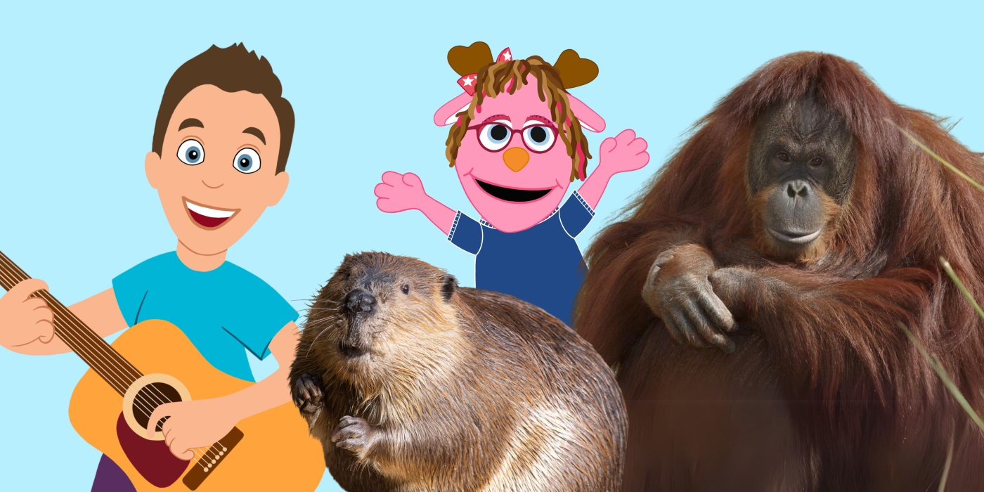 A collage image containing a male cartoon character, a pink jackalope puppet, a beaver, and an orangutan.