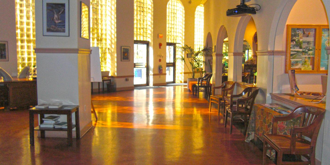 The Amazonia science gallery at the Smithsonian's National Zoo with large windows, tiled floors and exhibitry