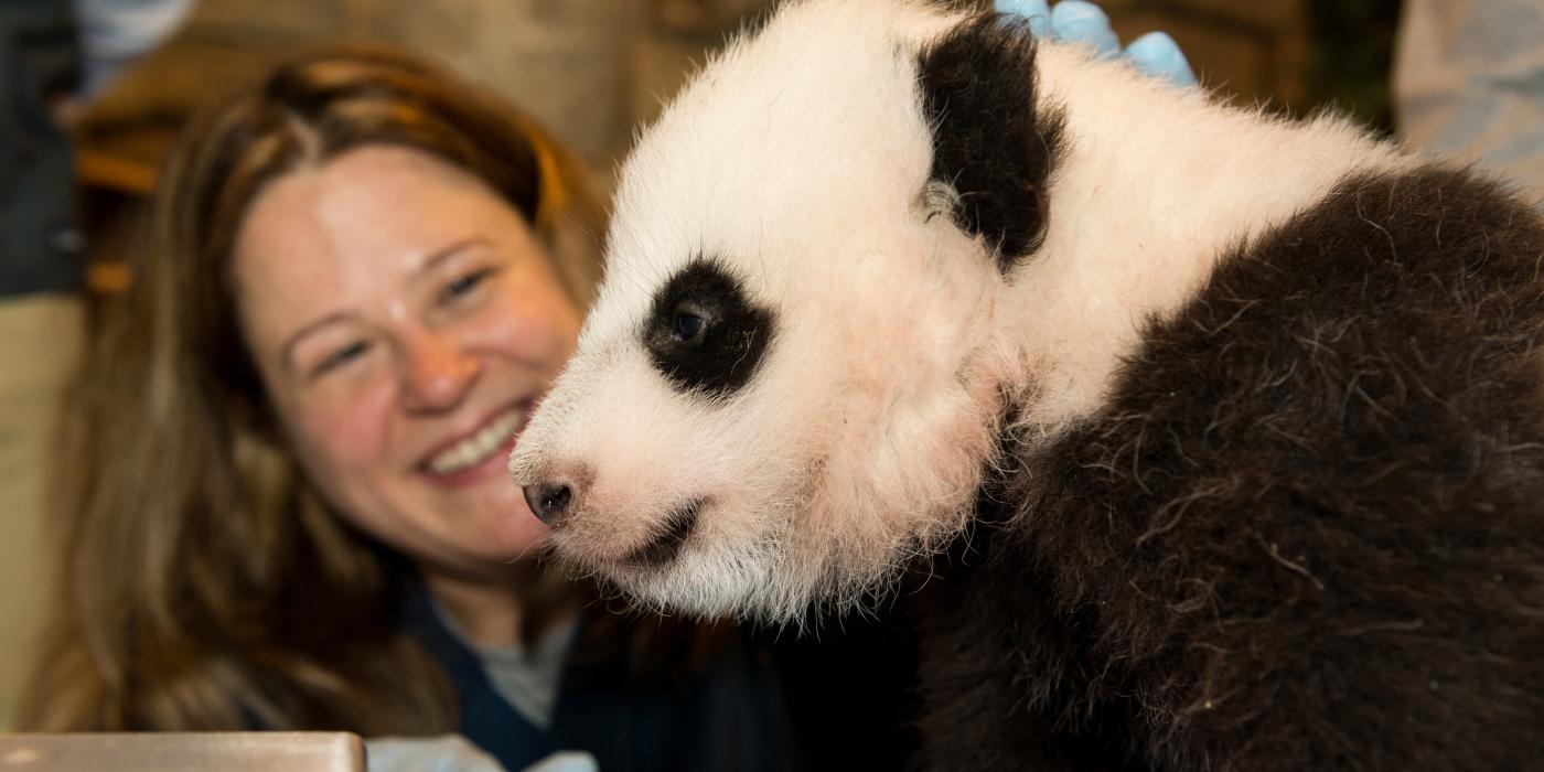 Keeper Nicole MacCorkle and Bao Bao. Keeper Nicole MacCorkle and Bao Bao.