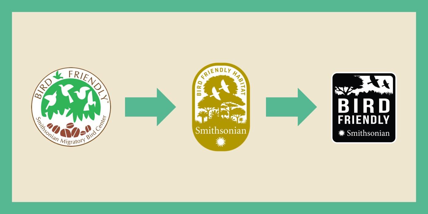 Three versions of the Bird Friendly Coffee logo arranged from oldest on the left to newest on the right with arrows pointing from left to right