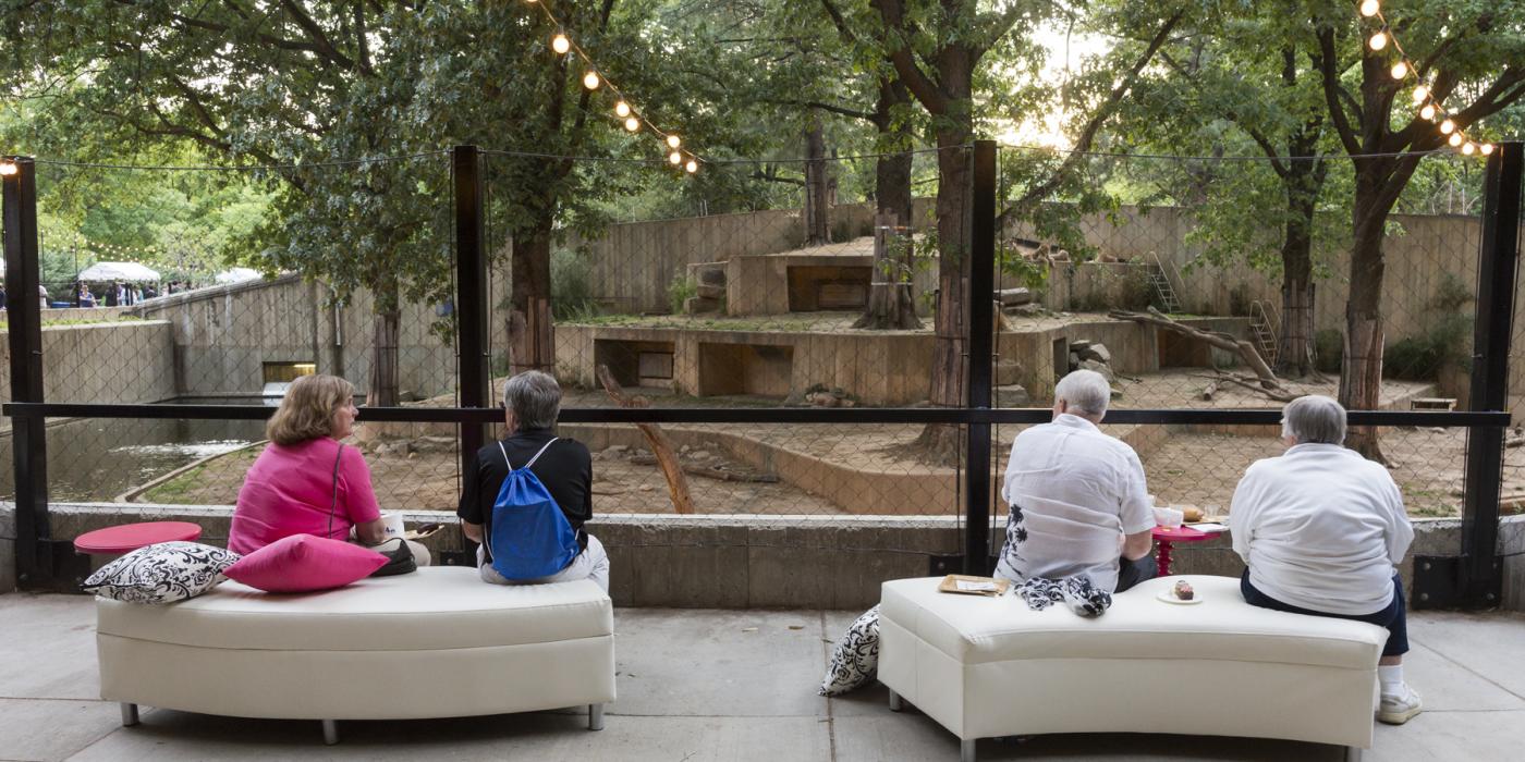 Guests seated on couches outside the Great Cats exhibit during a private catered event at the Smithsonian's National Zoo