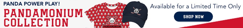A red t-shirt and blue hat with panda patterns and the words "panda power play pandamonium collection available for a limited time only, shop now!"